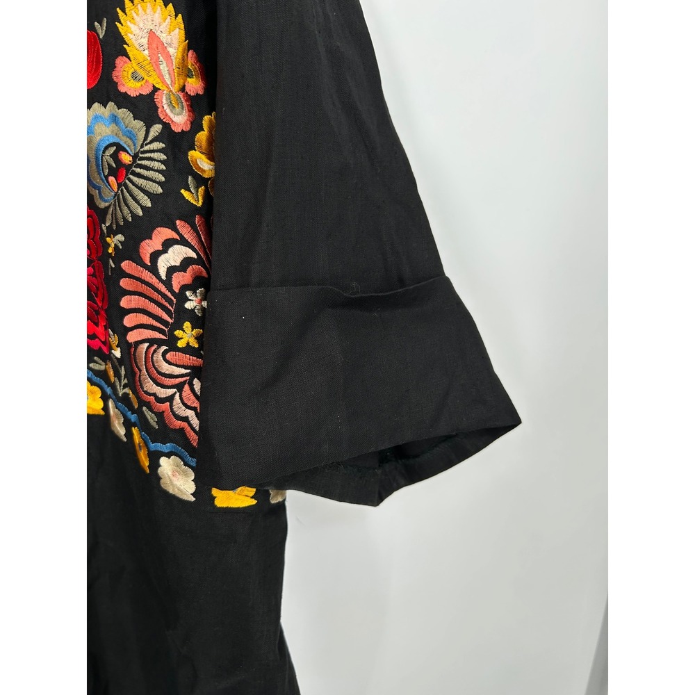 Andrea Jovine Black Linen Embroidered Floral Shirt Dress Tunic Size 14 -‎ CJ - Picture 5 of 8